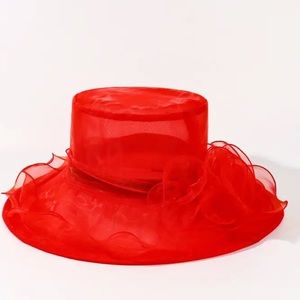 NWT Wide Brim Organza Hat Elegant KY Derby Church Flower Travel Beach Easter RED